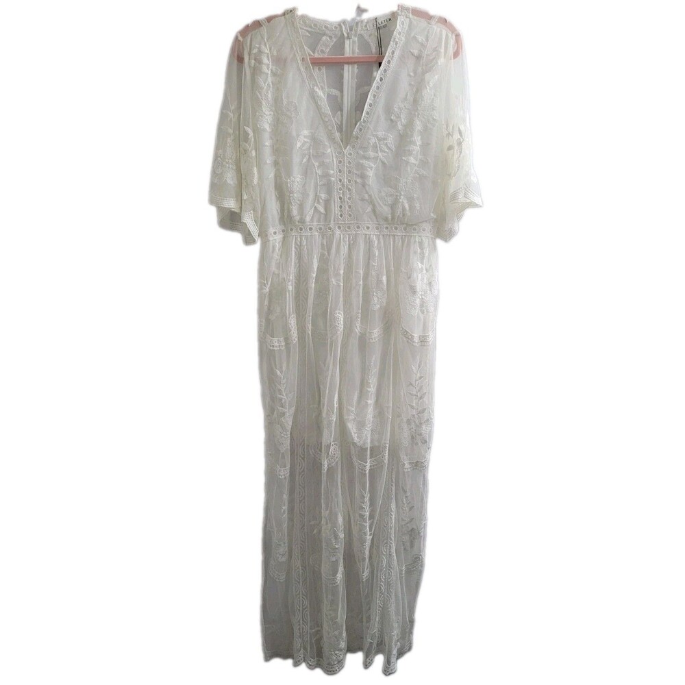 NWT Eleter Ivory Embroidered Mesh Overlay Maxi Romper Sz Lg Boho Bridal Wedding